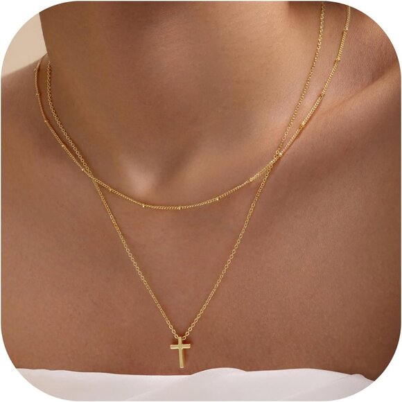 Hypoallergenic Layered Beaded Cross Necklace - Gold Plated with CZ Accents - Picture 1 of 7